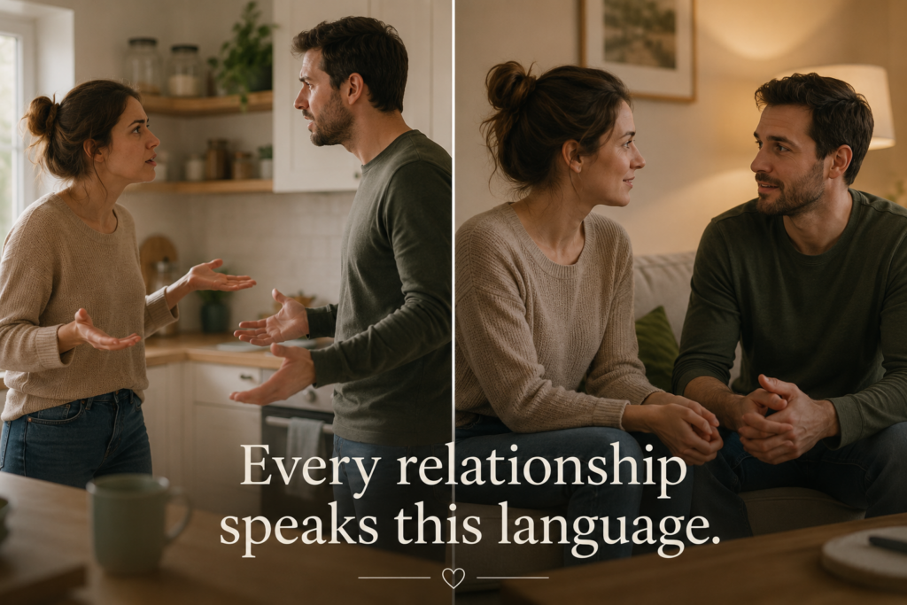 Split image showing a couple arguing in a kitchen on the left and calmly talking on a couch on the right, with text overlay "Every relationship speaks this language."