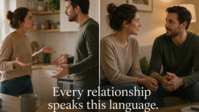 Split image showing a couple arguing in a kitchen on the left and calmly talking on a couch on the right, with text overlay "Every relationship speaks this language."