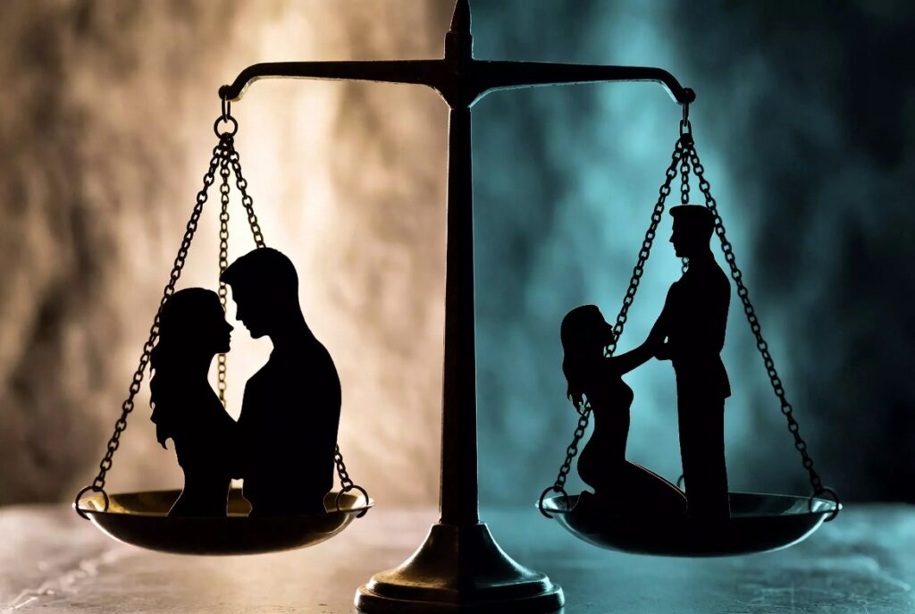 Balanced scales comparing vanilla relationships and D/s relationships, symbolizing same fights with different rules