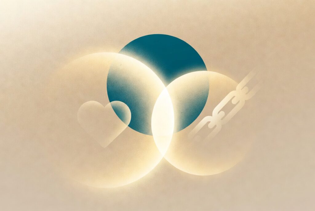 Three overlapping glowing circles forming a connection, representing real stories and relationship repair