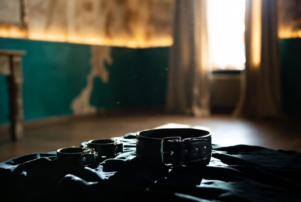 Elegant black leather collar and cuffs arranged on dark velvet in dramatic lighting, evoking power and protocol in D/s relationships