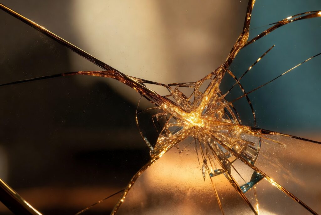 Cracked mirror repaired with glowing gold kintsugi lines, symbolizing healing after toxic conflict