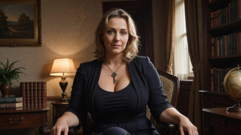 a woman in a chair in charge wearing a key